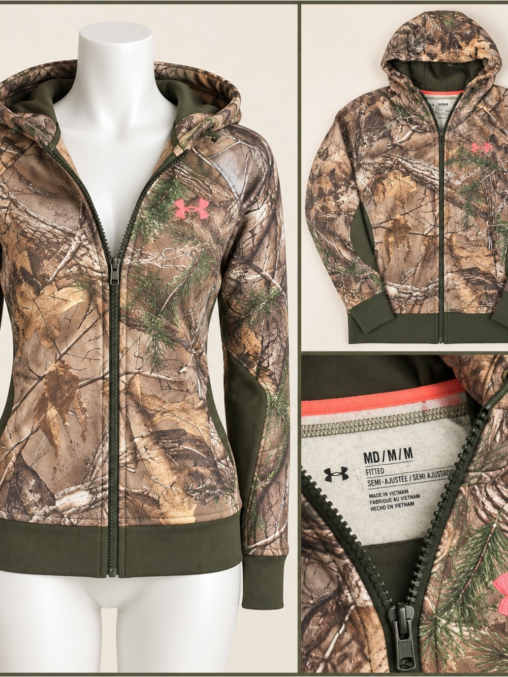 Under Armour Women’s Realtree Camo Full-Zip Hoodie with Olive Trim and Pink Logo